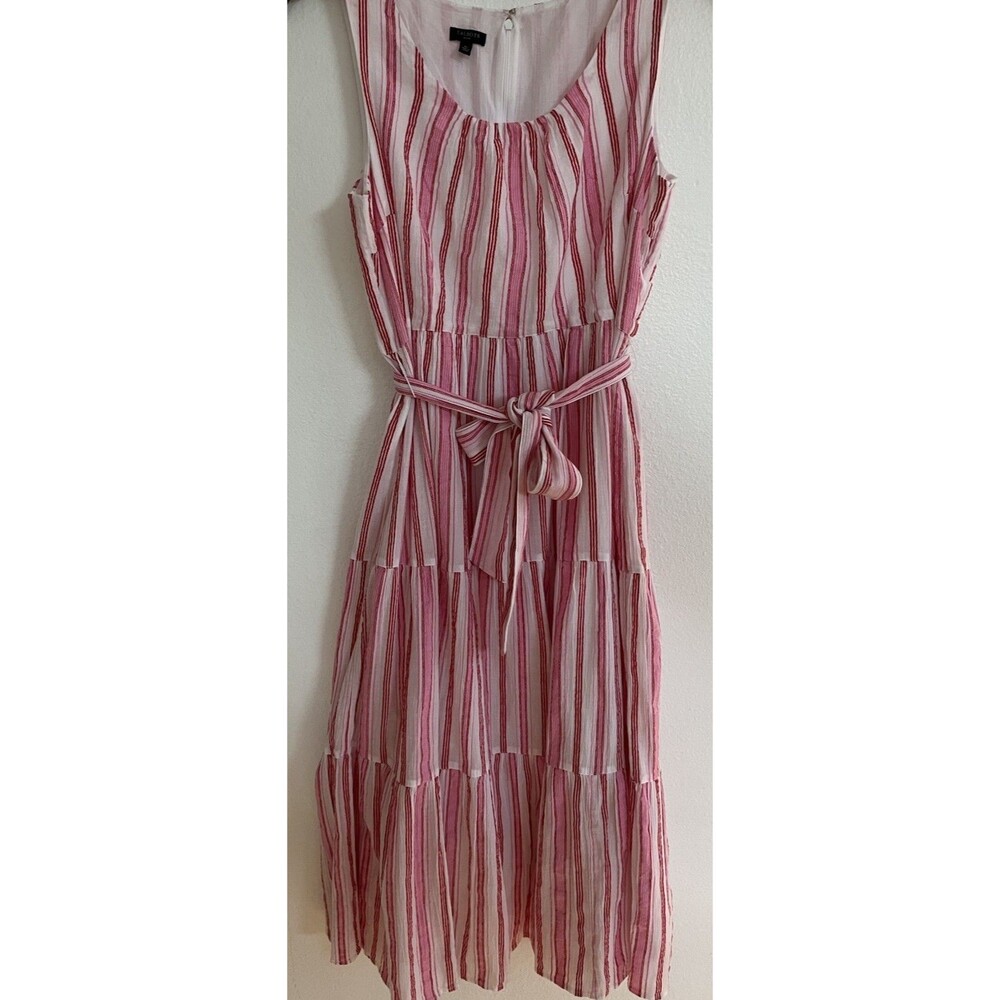 Talbots Midi Striped Sundress 8P Pink Sleeveless Belted Flowy Tiered Sundress